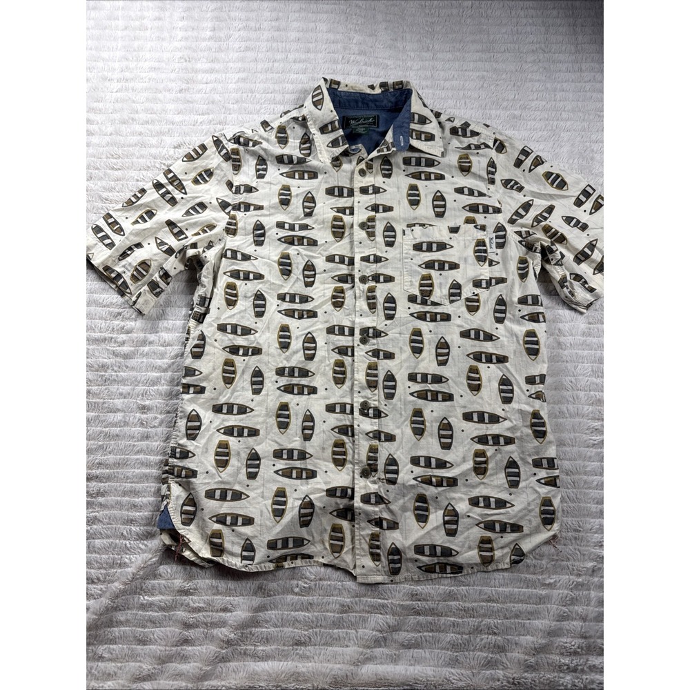 Woolrich Mens Medium Ivory Brown Canoe AOP Short Sleeve Button Up Camp Shirt EUC